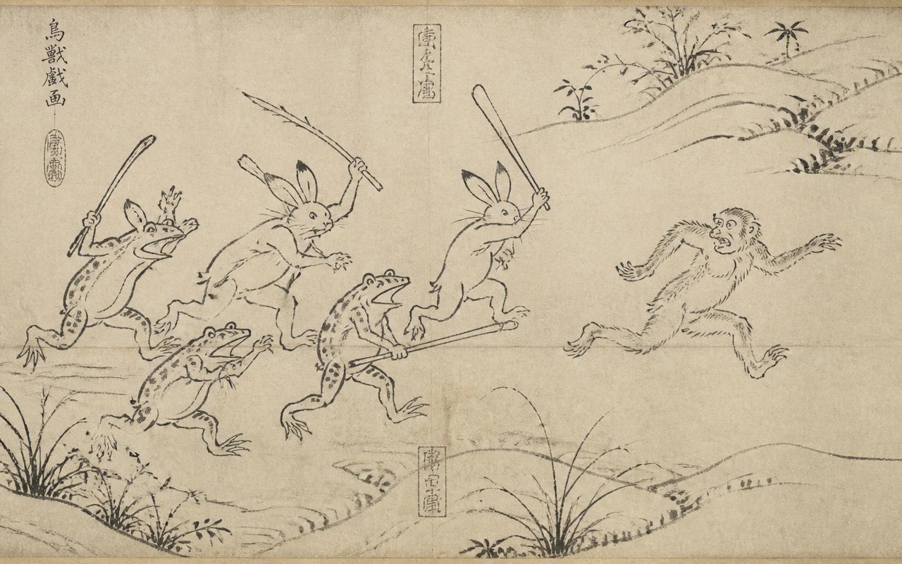 Frogs and rabbits chasing a fleeing monkey, drawn in monochrome sumi ink