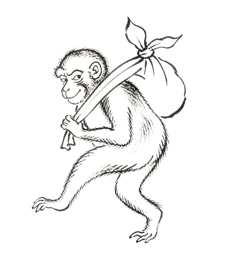 Ink drawing of a monkey sneaking away with a stolen bundle over its shoulder