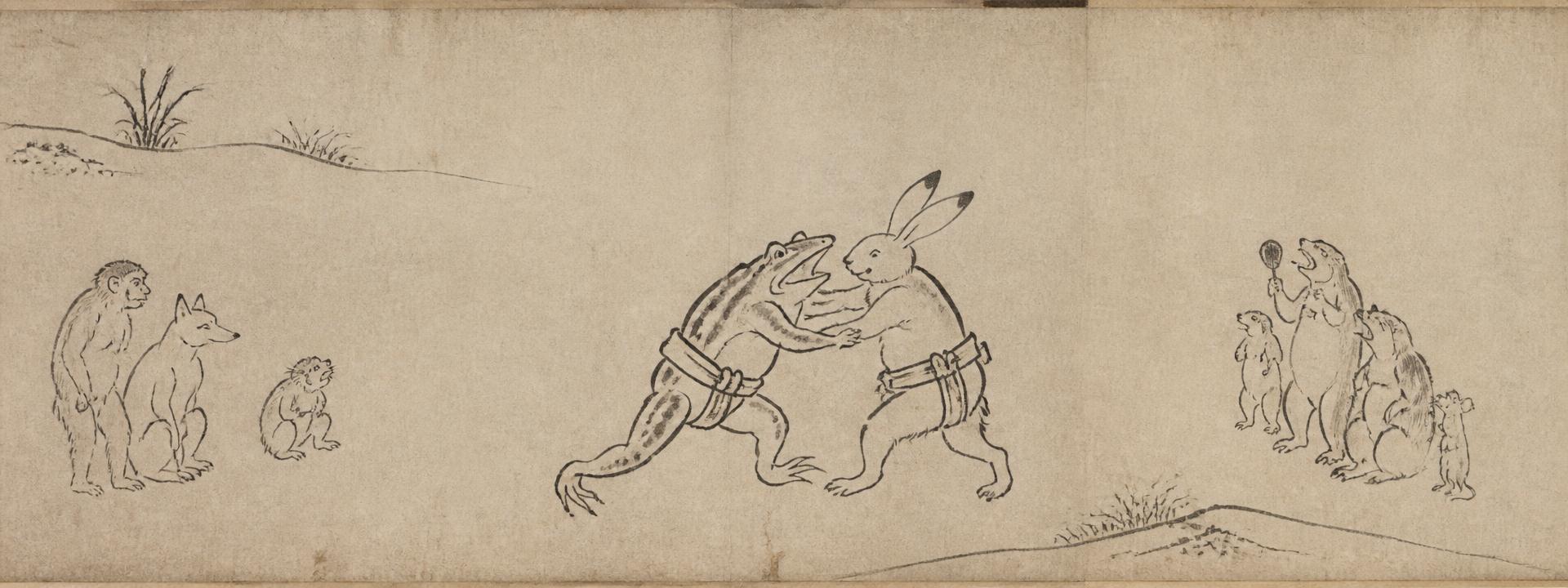 A frog and a rabbit sumo wrestling while animal spectators watch, in ink on aged paper