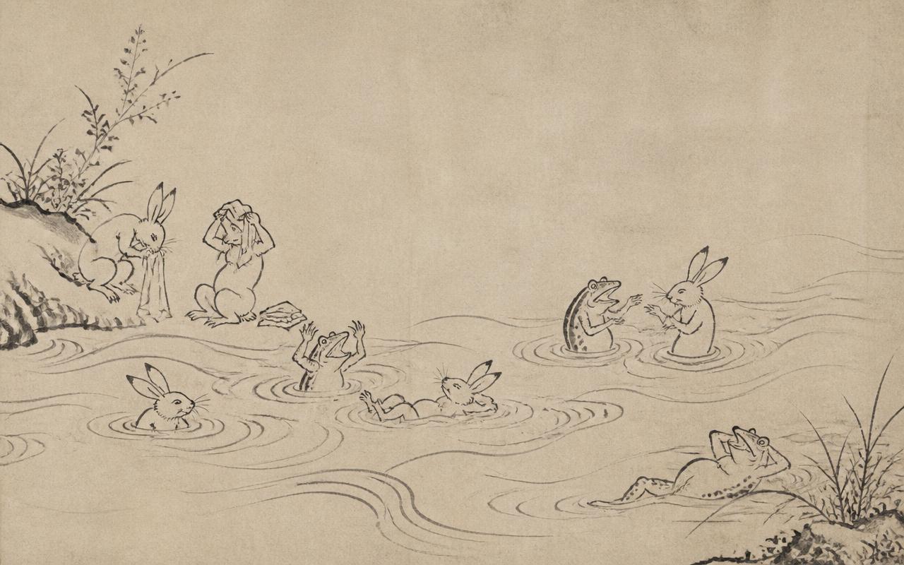 Rabbits and frogs swimming and bathing in a river drawn in ink